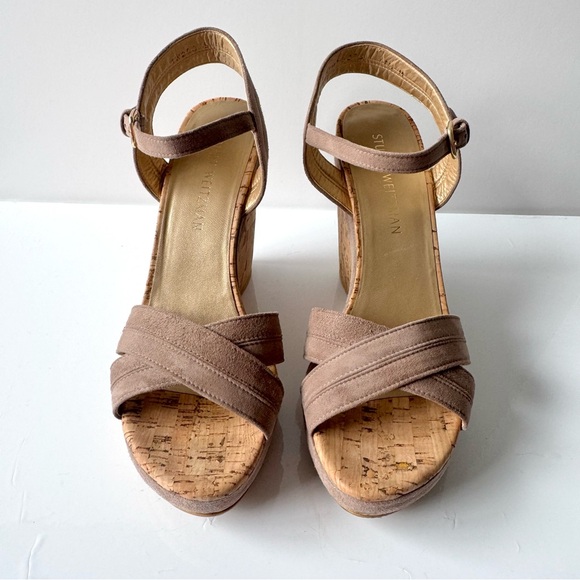 Stuart Weitzman Taupe Suede Ankle Strap Cork Wedge Sandals Size 9.5 M - Picture 2 of 11